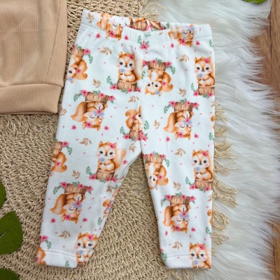 Conj. Blusa em Malha Cotele e Calça em Plush Esquila - Areia e Rosa